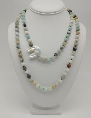 STERLING SILVER AMAZONITE PEARL HAND KNOTTED NECKLACE
