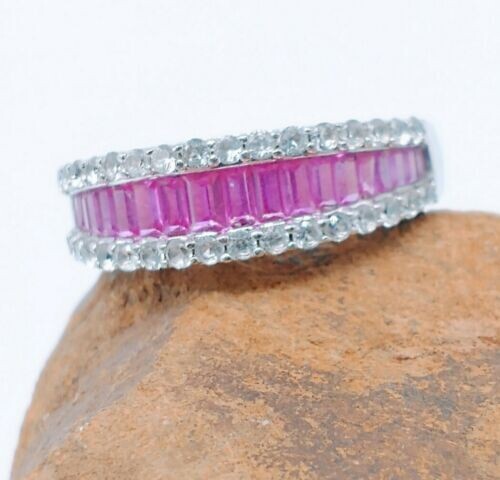 STERLING SILVER PINK AND WHITE TOPAZ BAGUETTE RING - 7