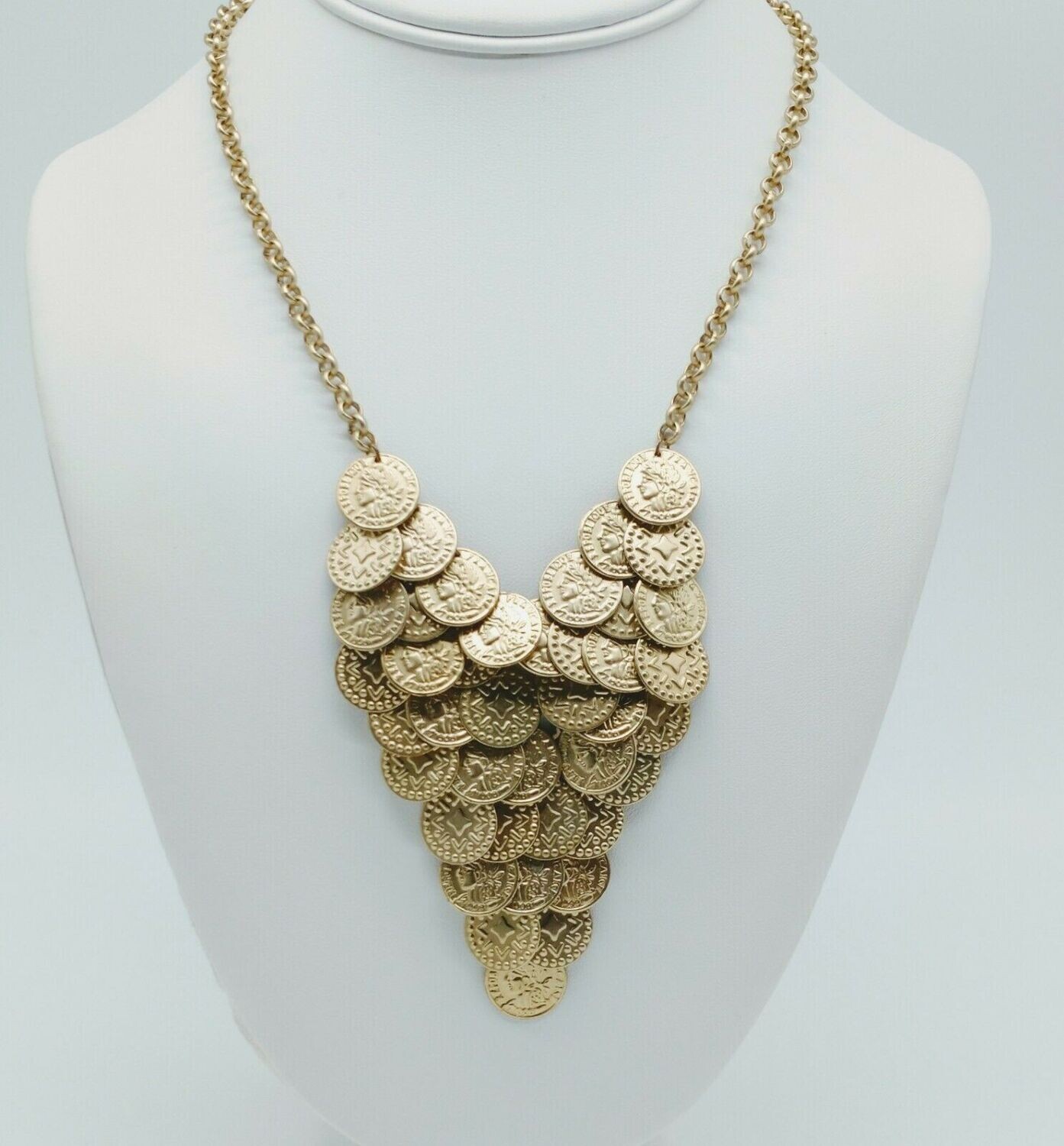 MATTE GOLD TONE V-SHAPED LAYERED COIN BIB NECKLACE