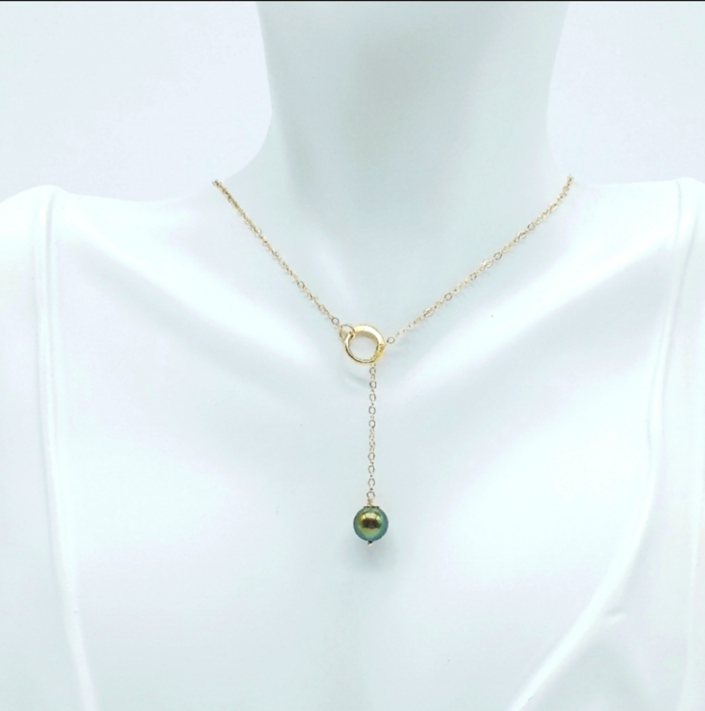 14K GOLD FILLED PEACOCK PEARL LARIAT NECKLACE