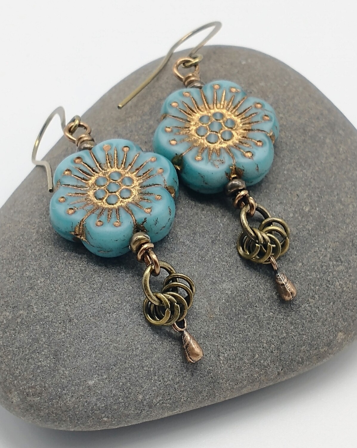 Boho Turquoise Czech Glass Flower Dangle Earrings