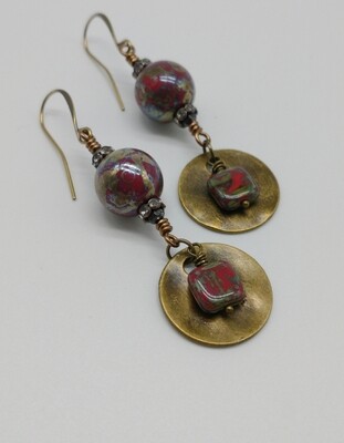 Boho Red Czech Glass Brass Disc Drop Earrings