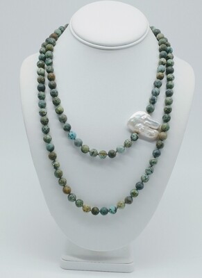 Sterling Silver African Turquoise Baroque Pearl Knotted Necklace
