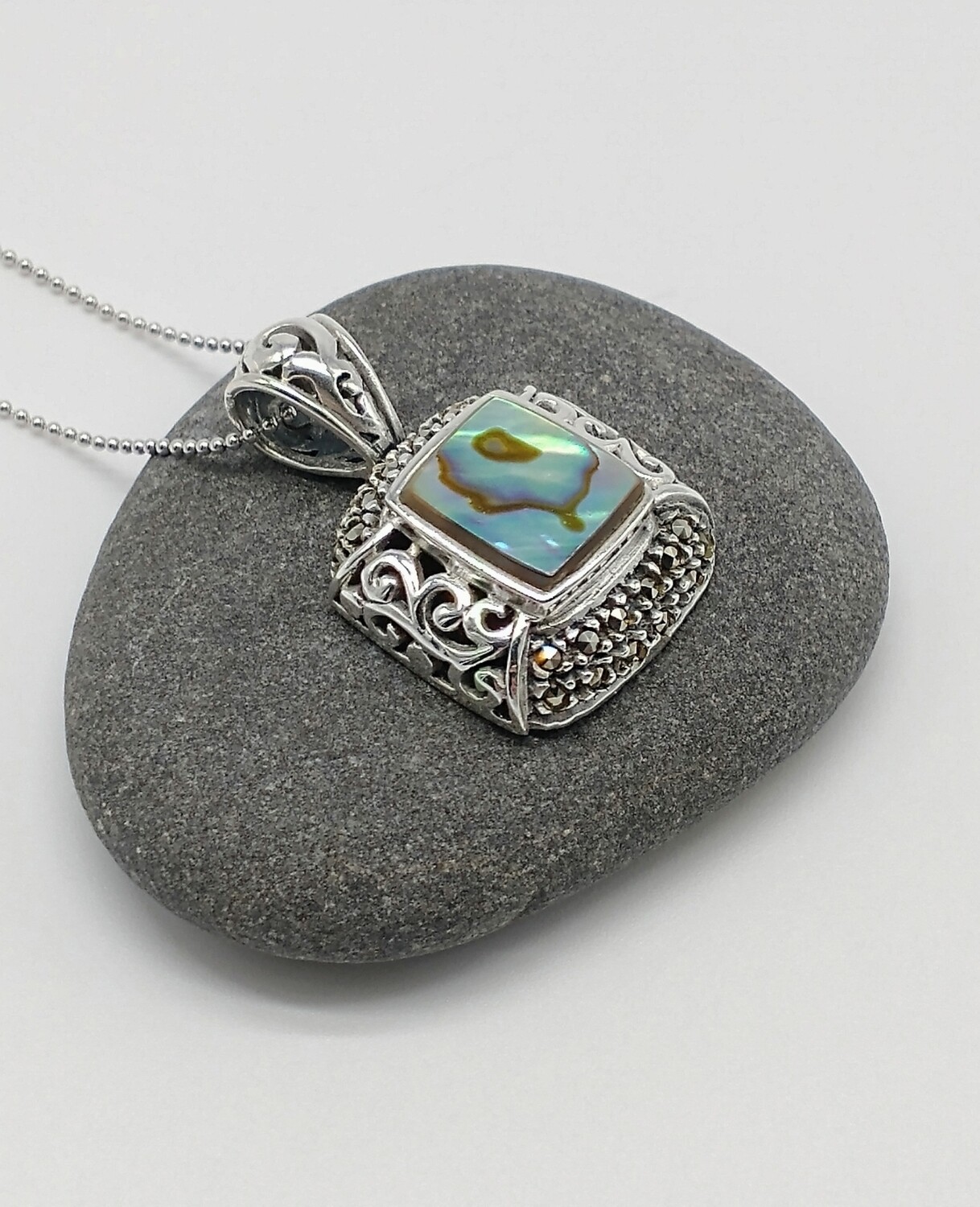 STERLING SILVER ABALONE MARCASITE PENDANT NECKLACE