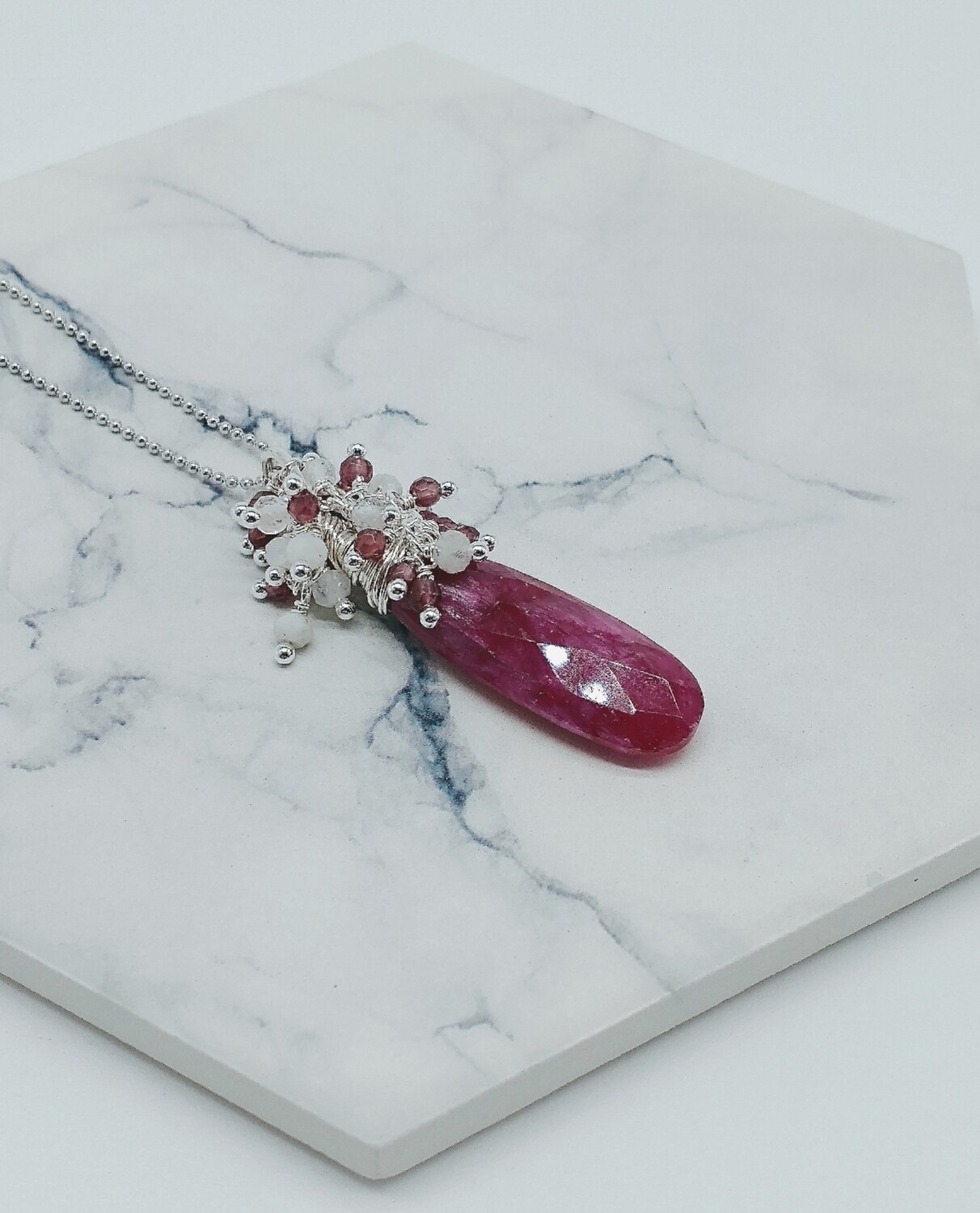 Sterling Silver Teardrop Ruby Cluster Pendant Necklace