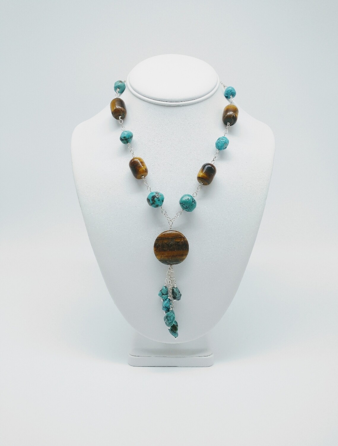 Vintage Sterling Silver Turquoise Nugget Tiger's Eye Pendant Necklace