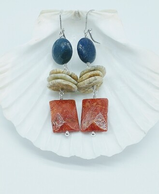 Southwestern Style Lapis Turquoise Coral Drop Earrings