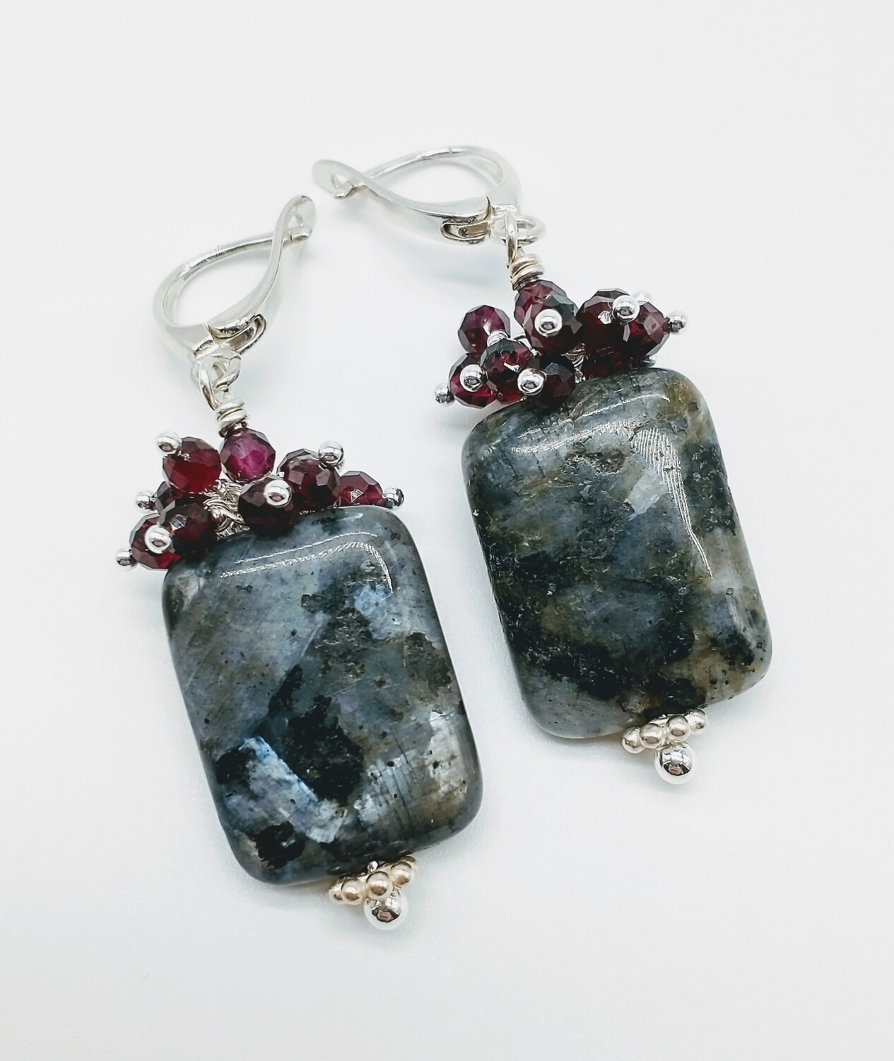 Larvikite and Garnet Cluster Earrings