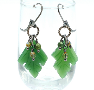 Carved Green Glass Leaf Dangle Earrings