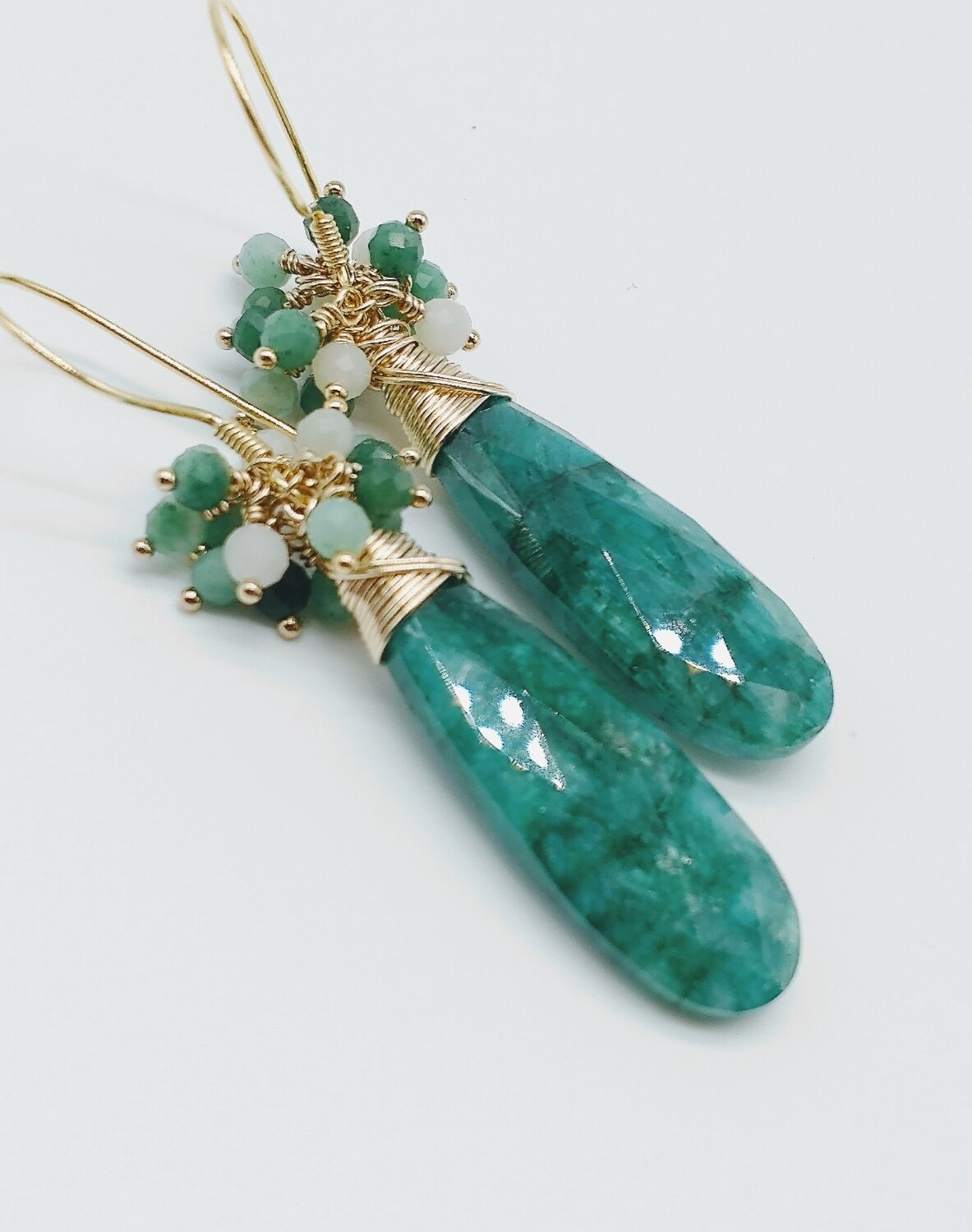 Natural Faceted Emerald Cluster Drop Earrings