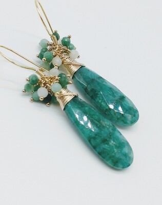 Natural Faceted Emerald Cluster Drop Earrings
