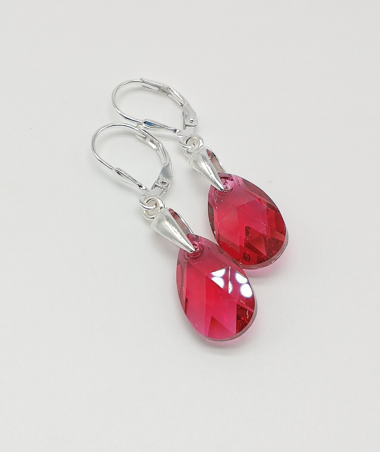 Sterling Silver Scarlet Red Swarovski Pear Drop Earrings