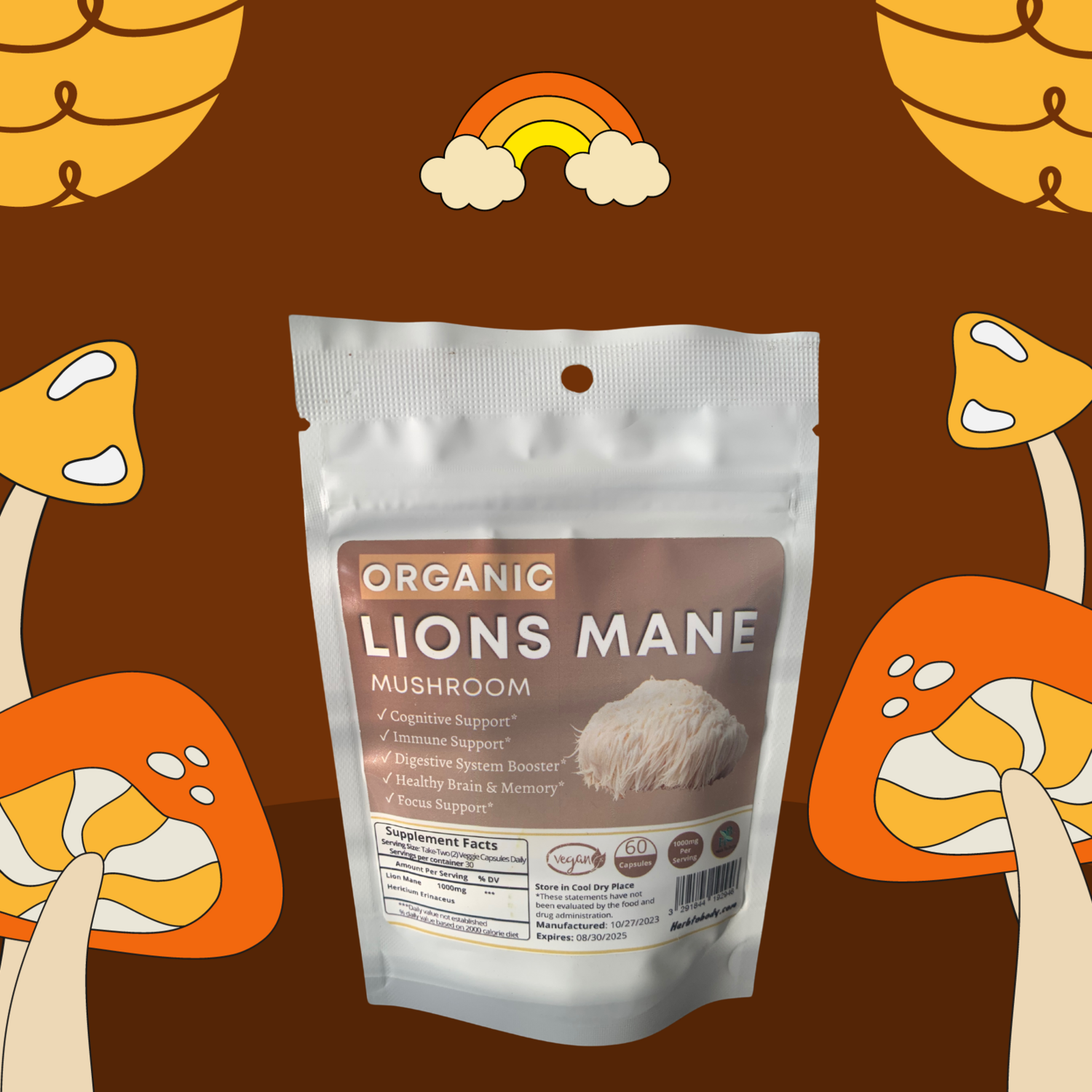 Herb To Body Lions Mane, Mushroom Capsules, Organic 60 ct