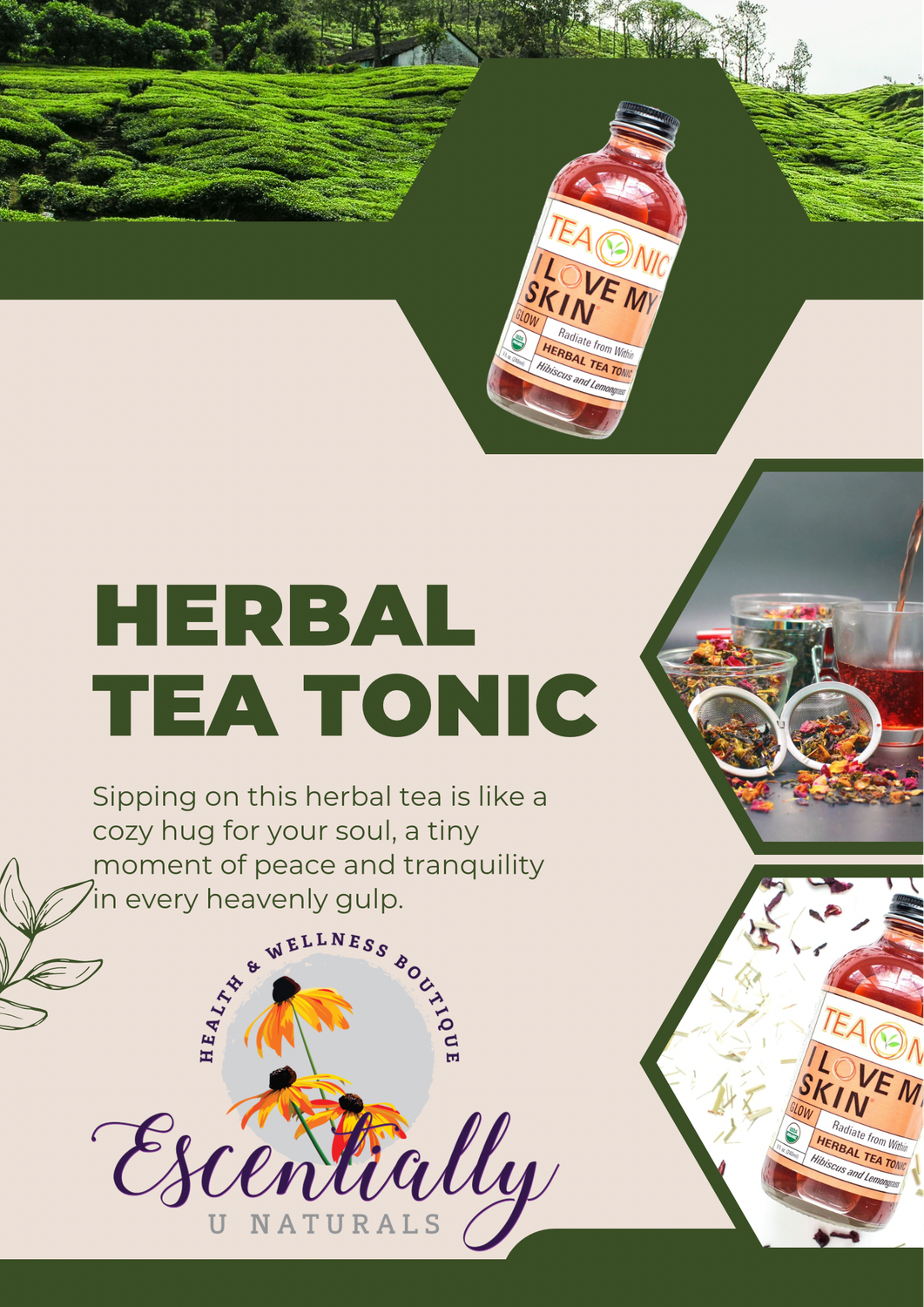 Teaonic I Love My Skin Herbal Tea Tonic, Hibiscus and Lemongrass 8 oz (240ml) Glow