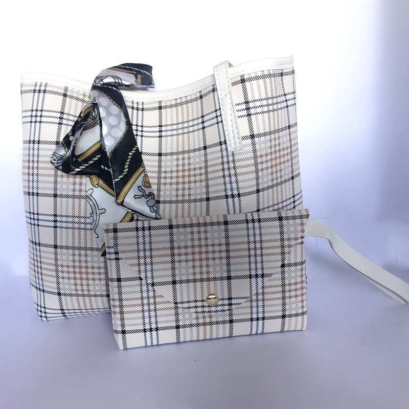 Colorblock Plaid Twilly Scarf Decor Tote Bag With Clutch Bag (MULTICOLOR)