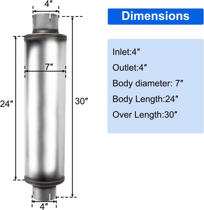Inlet Diesel Exhaust Muffler, 4 &amp; 5 Inch Inlet/Outlet Resonator Muffler Straight Through Stainless Steel 30&quot; Whole Length,Welded On Exhaust Tip- -  4&quot;