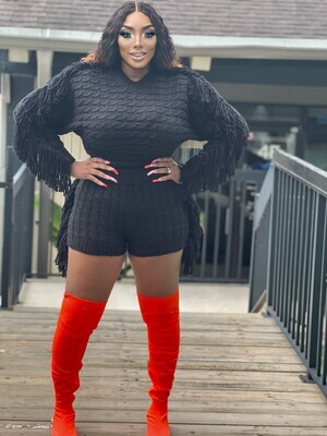 EMBER Black Luxe Fringe Knit Short Set