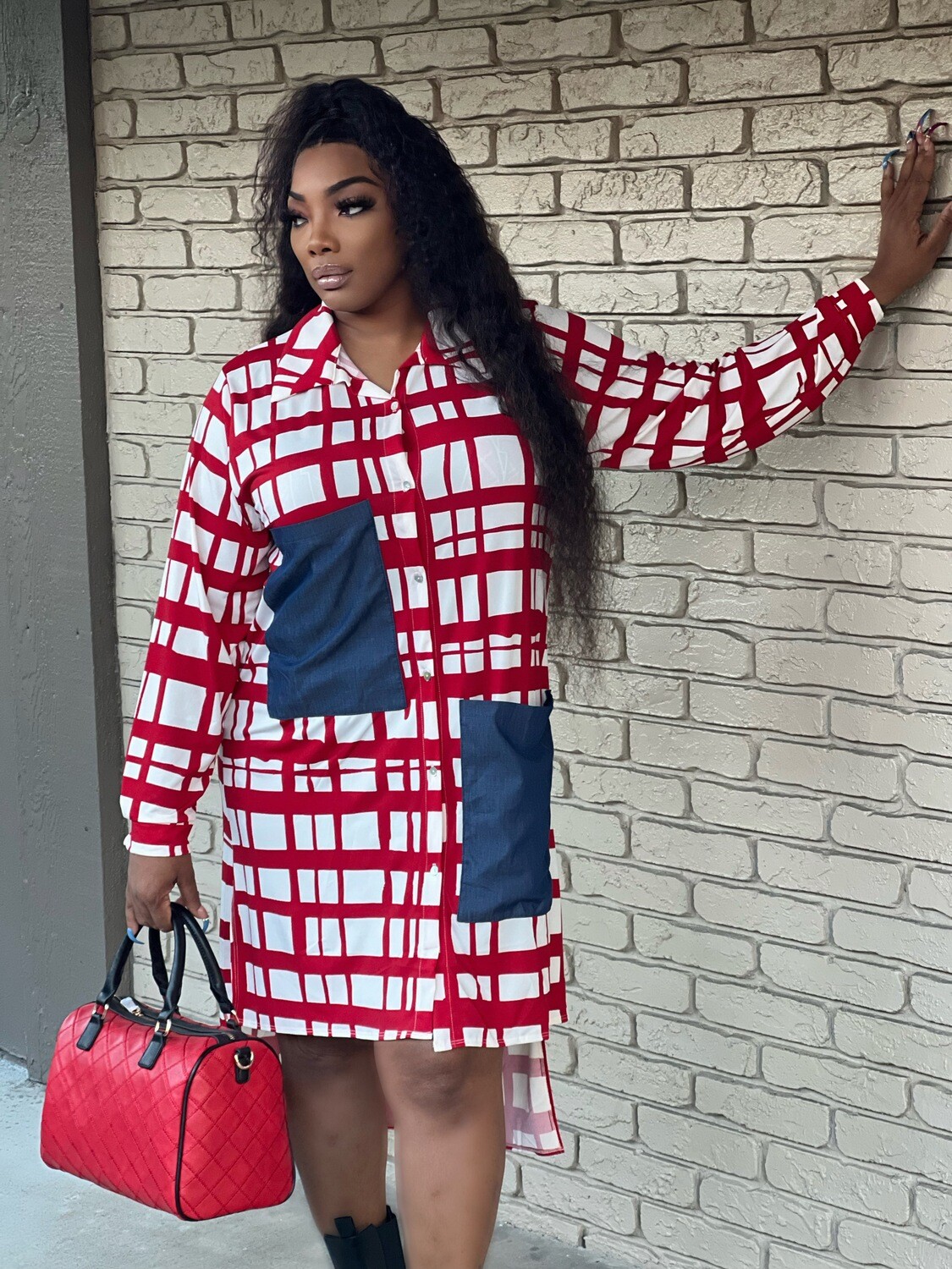 TREAT YOURSELF SHIRT DRESS WITH CONTRAST POCKETS