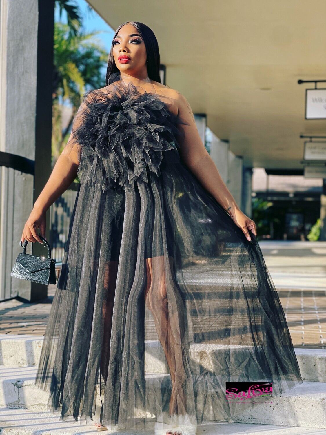 GIRL in black ruffle accent sheer DRESS