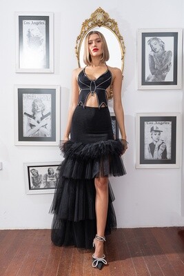RESOLUTIONS high-low tiered ruffle tulle skirt-black