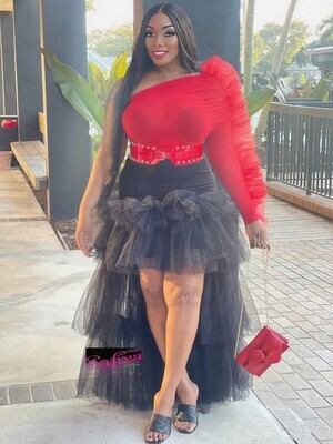 RESOLUTIONS high-low tiered ruffle tulle skirt-black