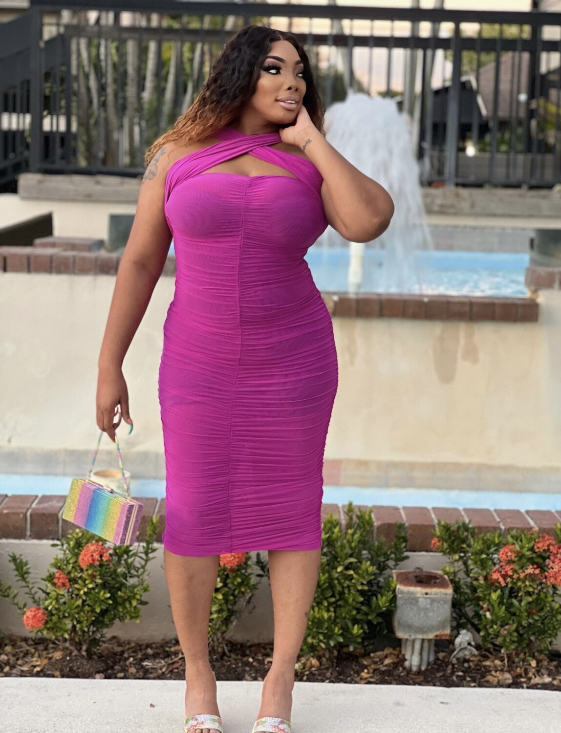 HOPELESSLY DEVOTED Ruched off shoulder mesh midi dress