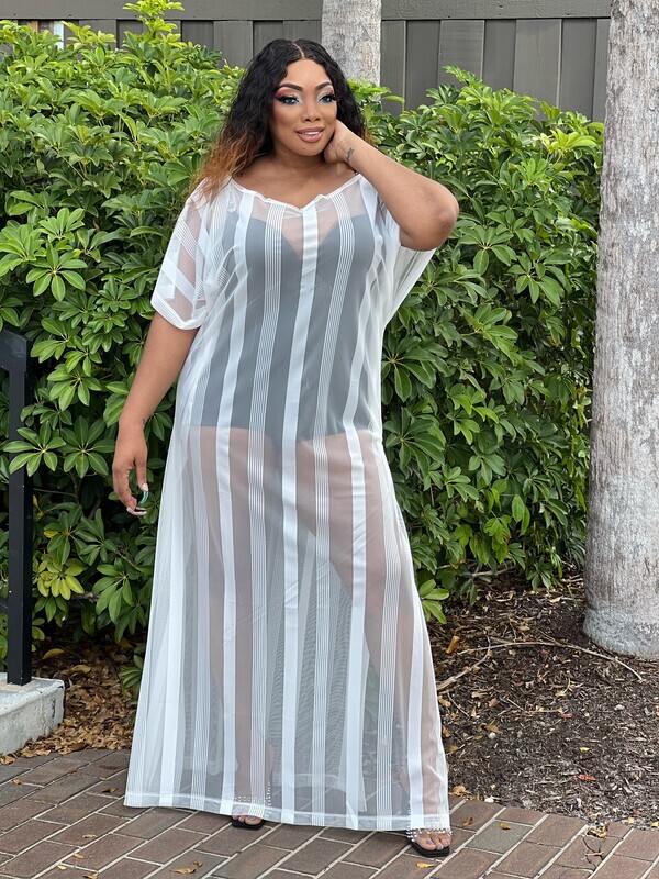 center of ATTENTION Sheer STRIPE MAXI TUNIC-white