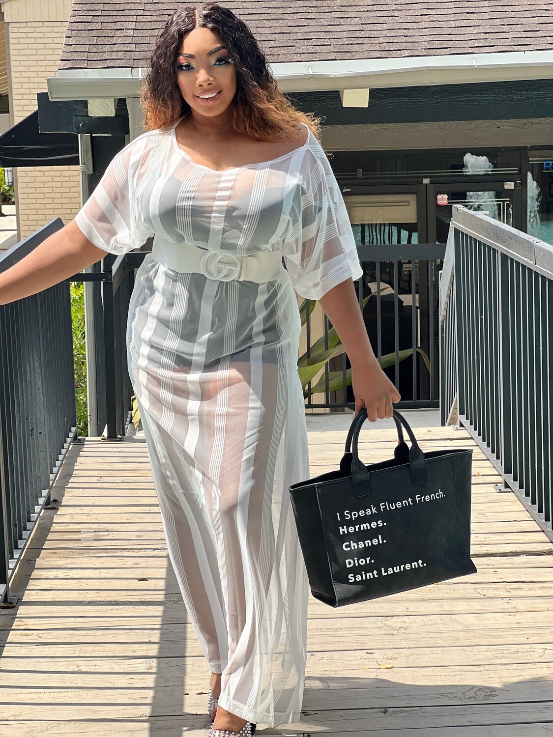 center of ATTENTION Sheer STRIPE MAXI TUNIC-white
