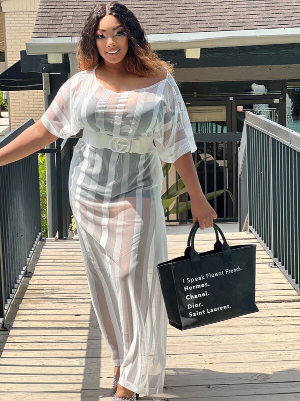 center of ATTENTION Sheer STRIPE MAXI TUNIC-white