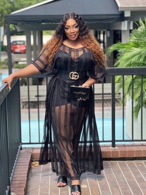center of ATTENTION SHEER SHADOW-STRIPE MAXI TUNIC- BLACK