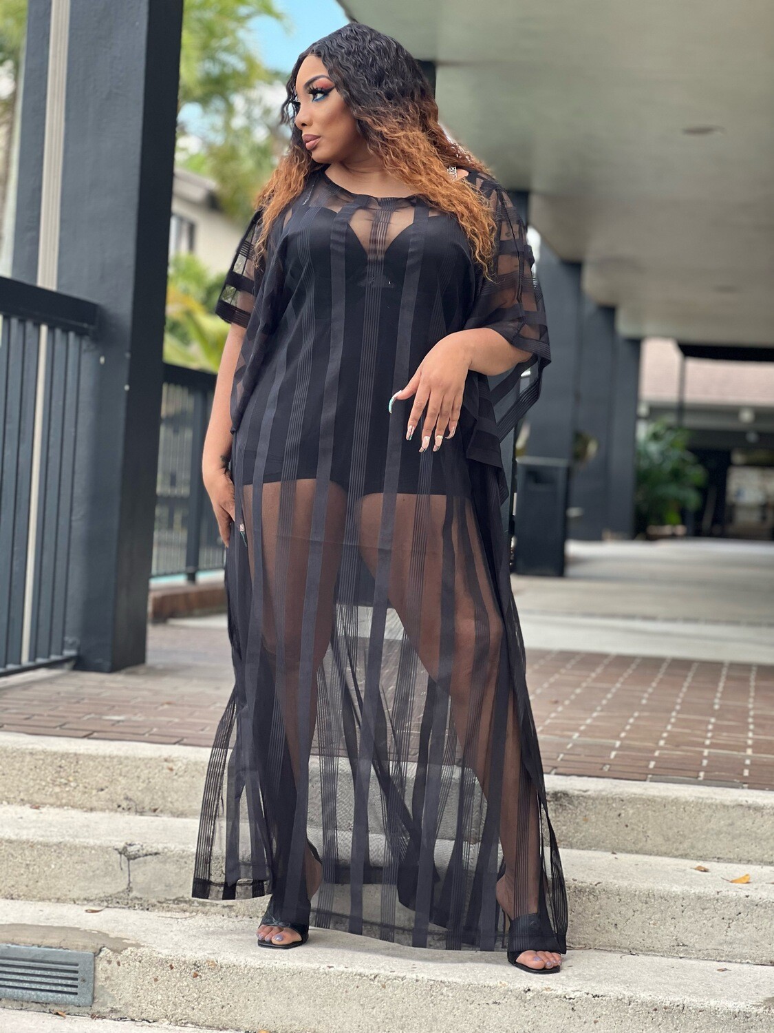 center of ATTENTION SHEER SHADOW-STRIPE MAXI TUNIC- BLACK