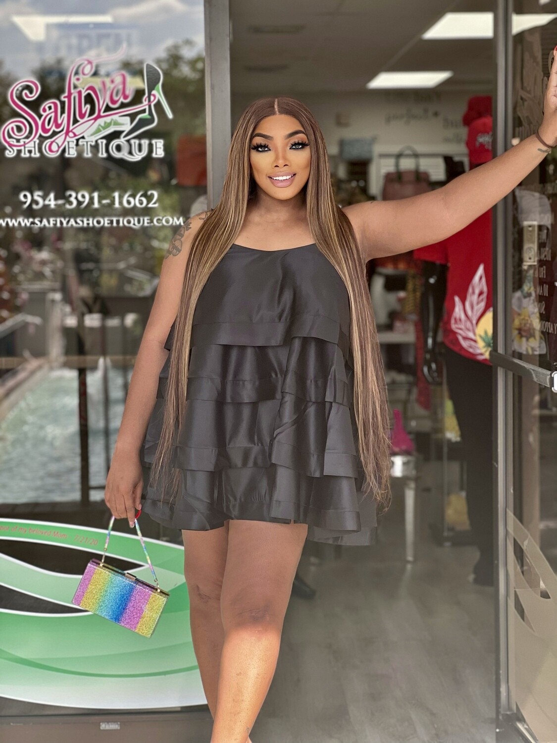manifesting rich tiered mini dress-black