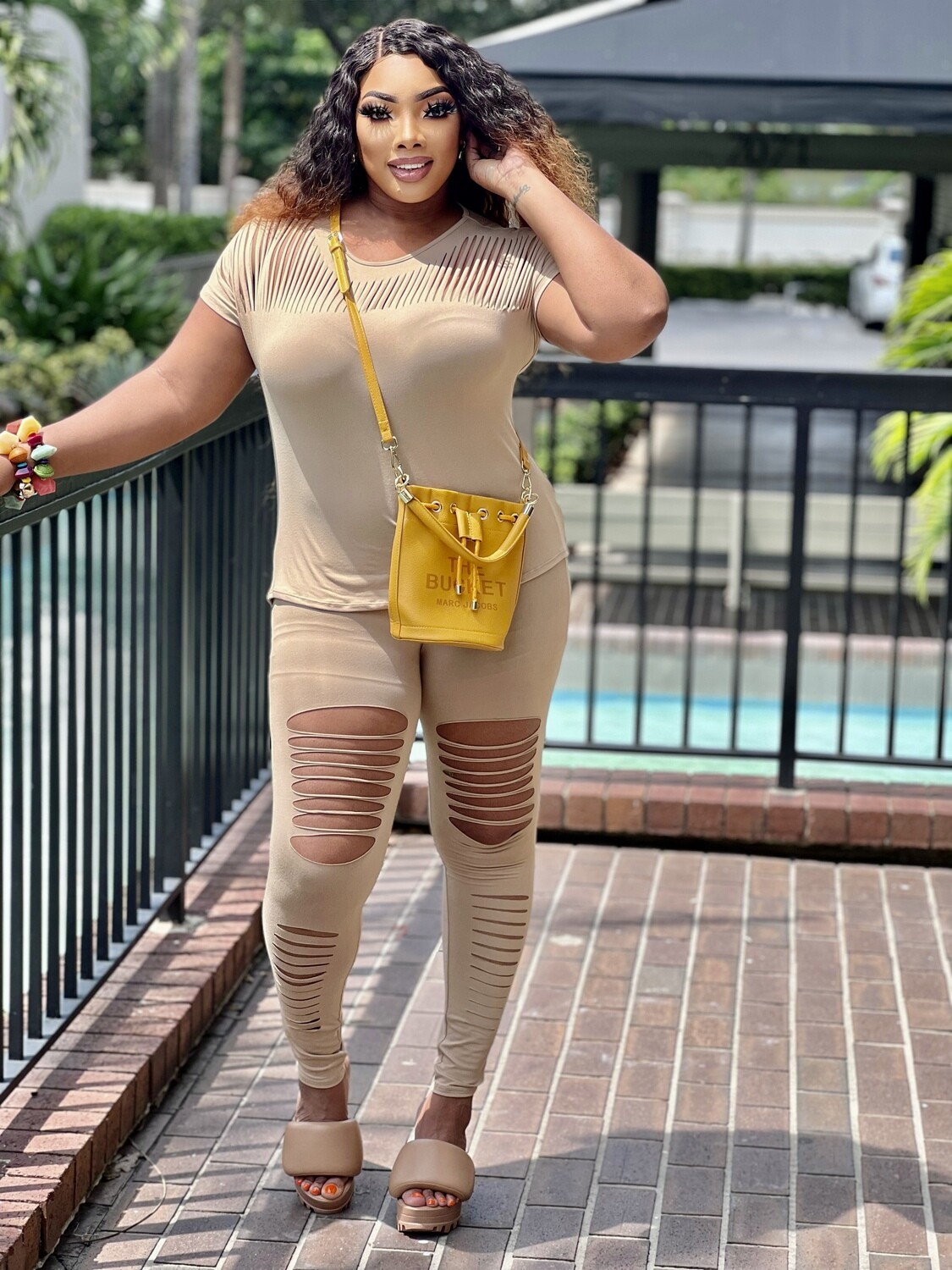 ENTICING nude Top And Legging Set