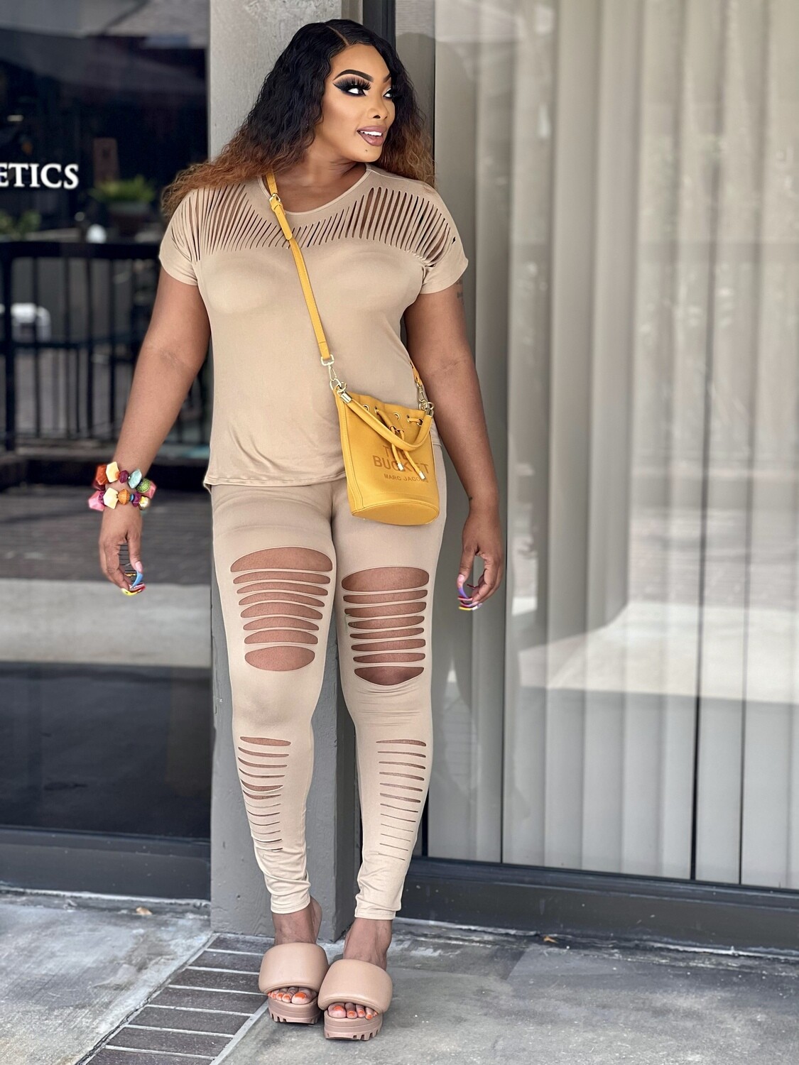 ENTICING nude Top And Legging Set