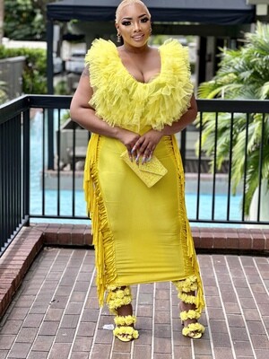 icespice yellow fringe detail dress
