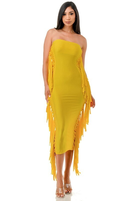 icespice yellow fringe detail dress