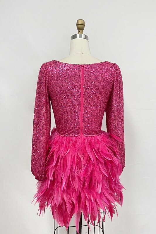 featherme in pink sequin dress