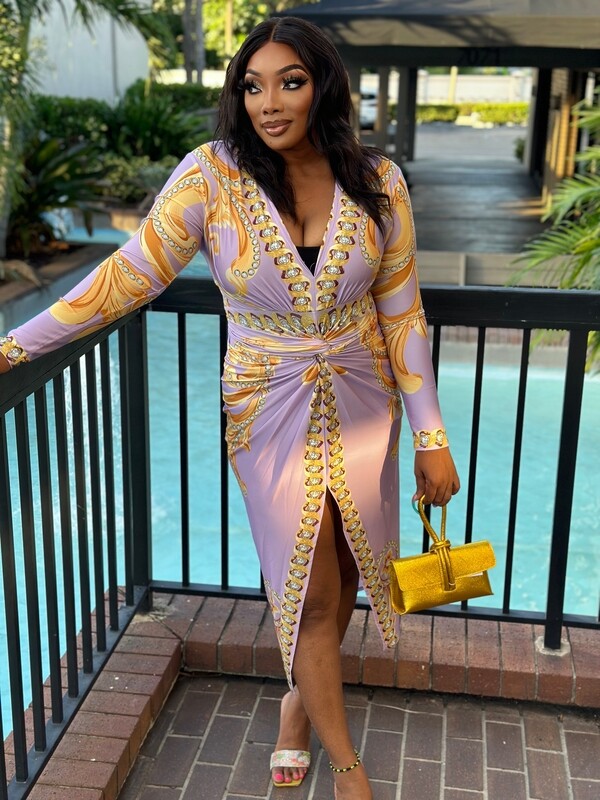 lucky gal Knot Front Long Sleeve Midi Dress