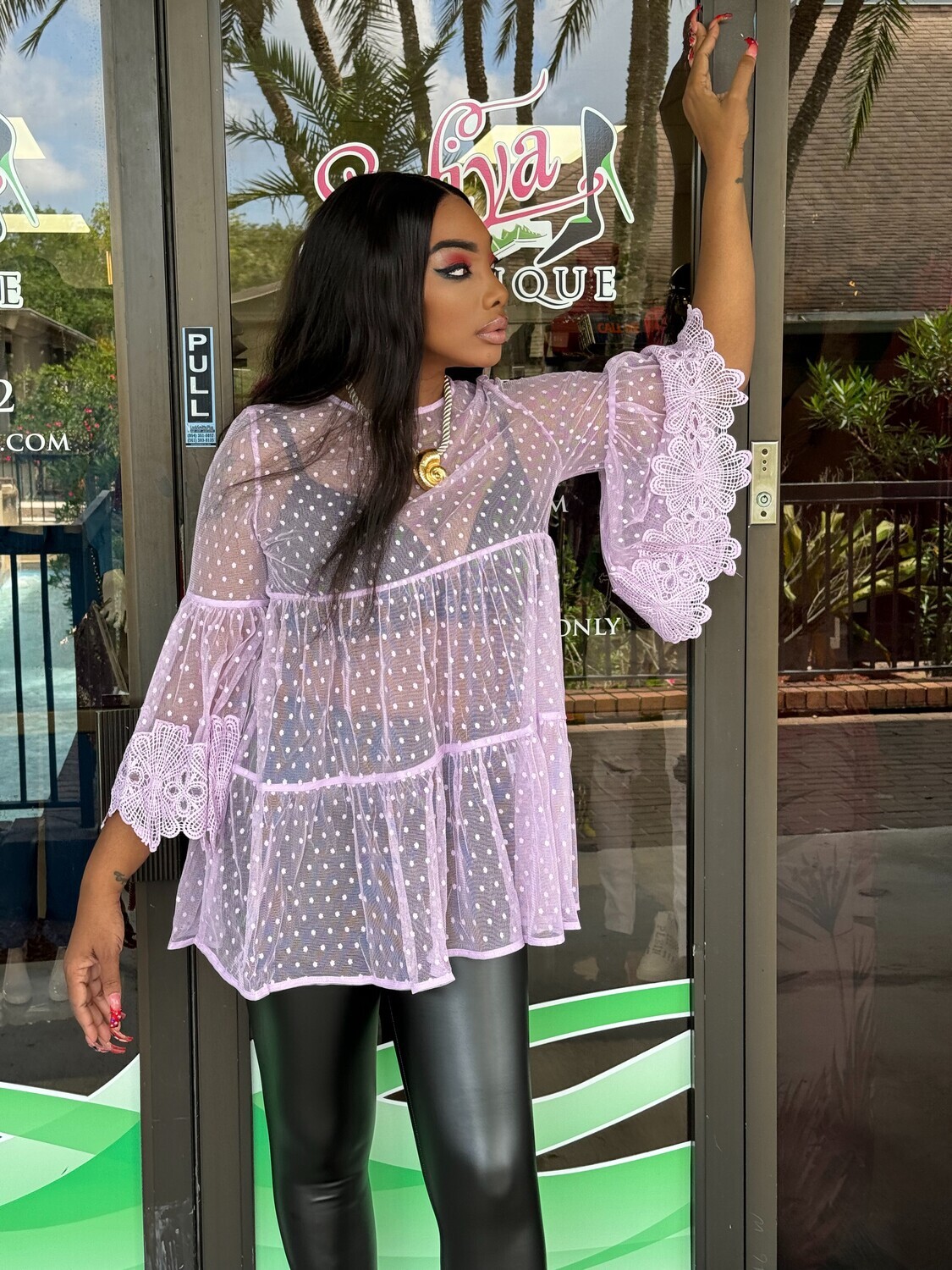 violet MESH POLKA DOT BABY DOLL SEE THROUGH TUNIC TOP
