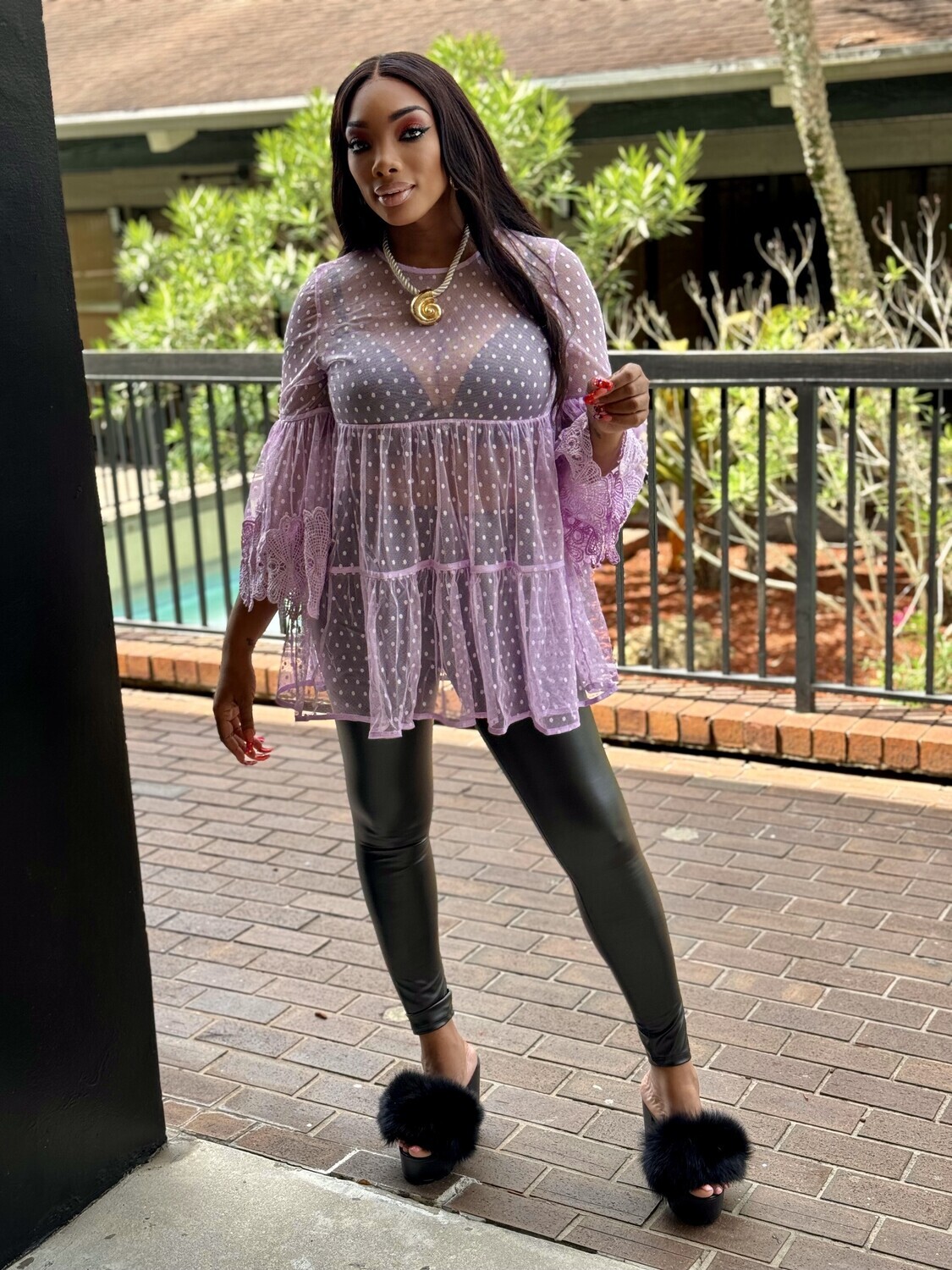 violet MESH POLKA DOT BABY DOLL SEE THROUGH TUNIC TOP