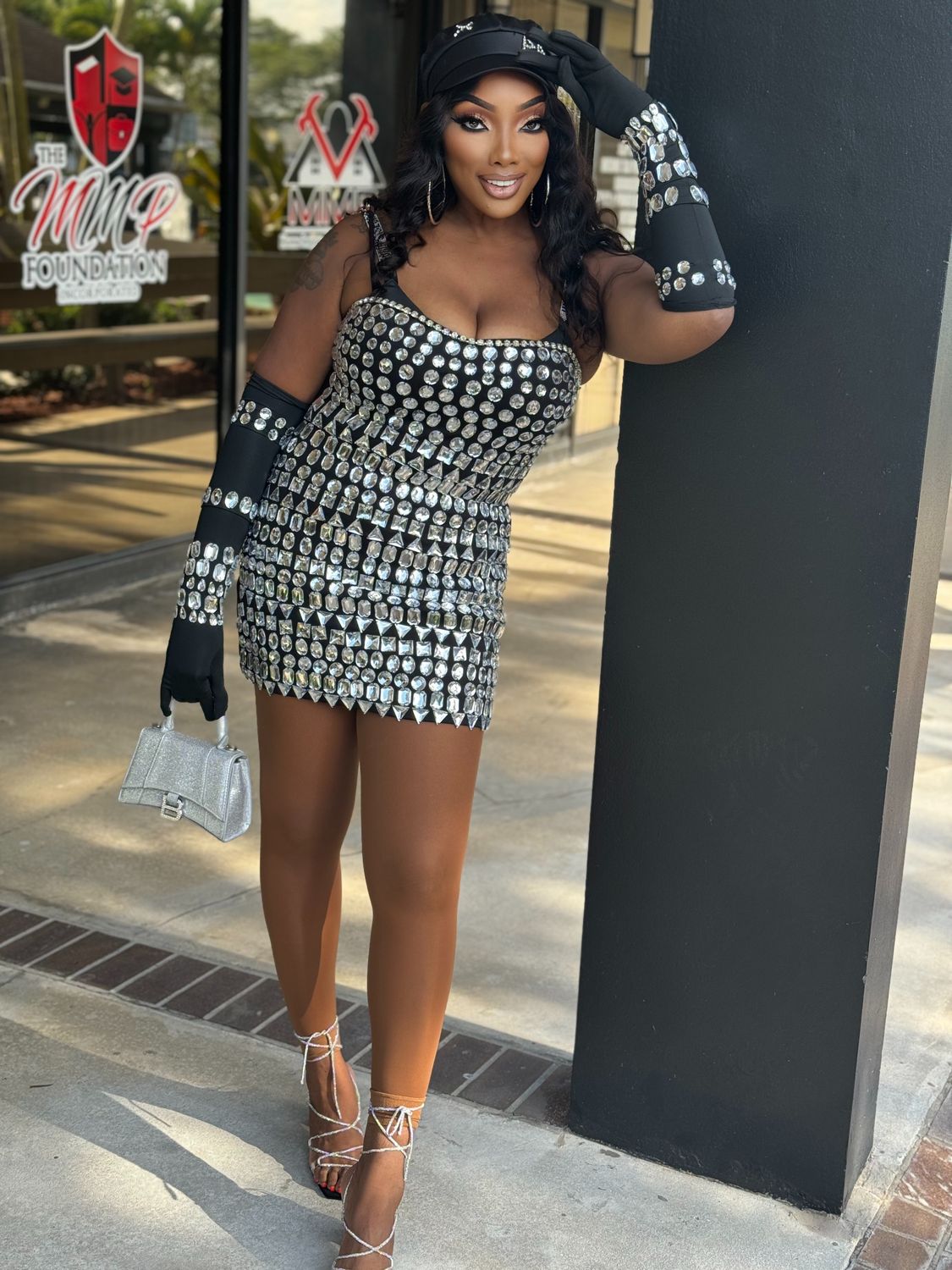 drip me in diamond SLEEVELESS RHINESTONE DETAIL MINI DRESS W/ GLOVES