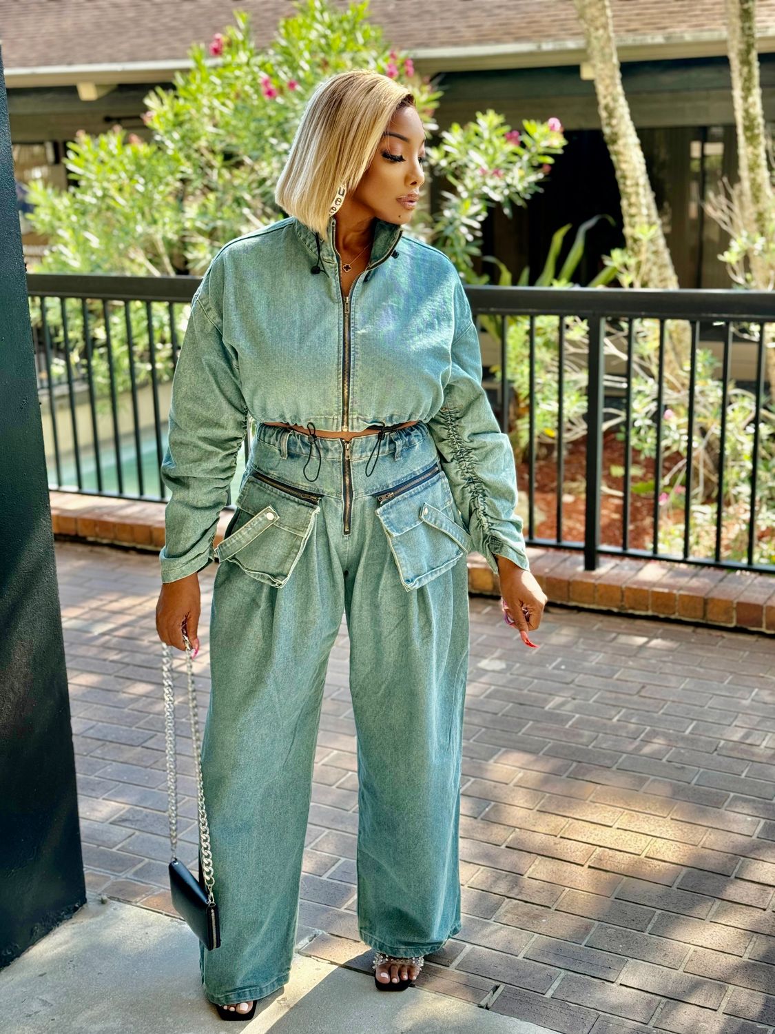 WHATS THE TEA FASHION denim TWO PIECE PANTS set
