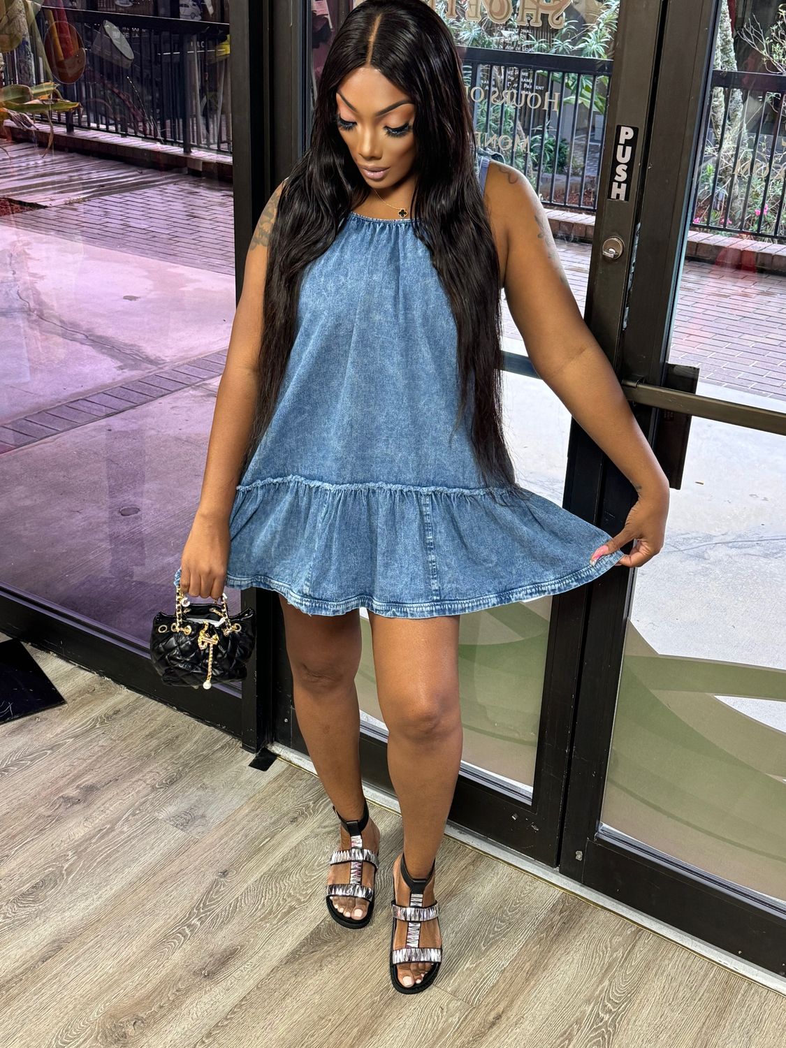 just keep me in a midi denim dress
