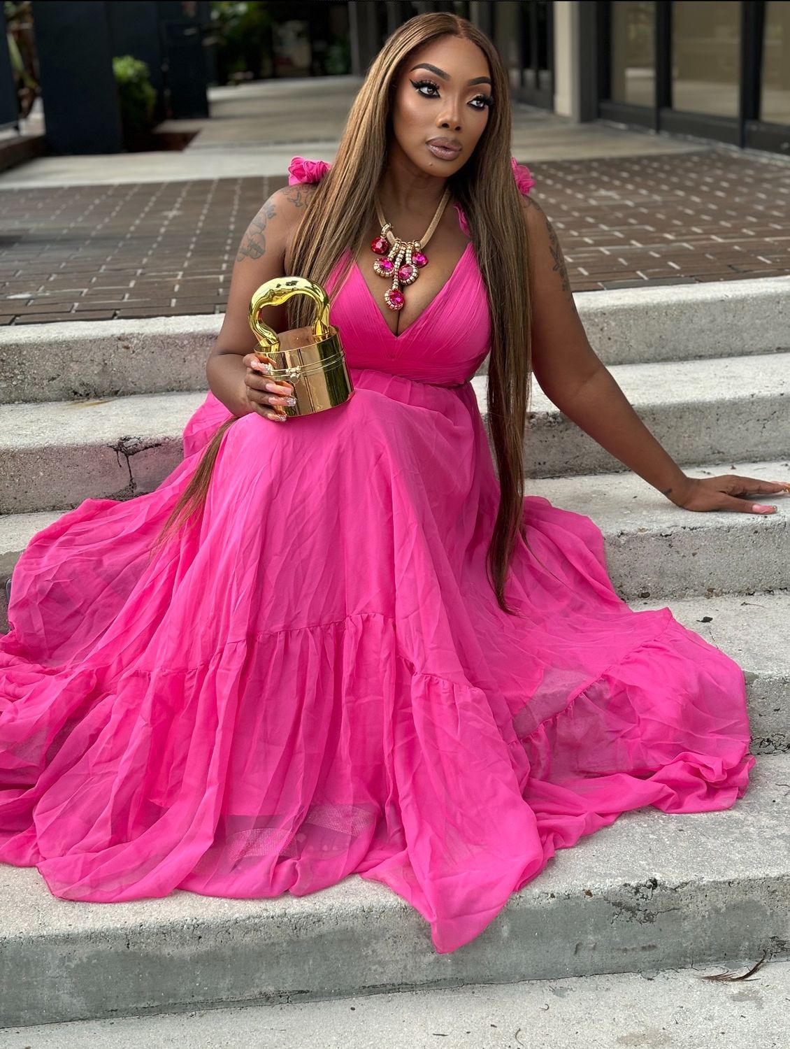 sunny summer Organza Ruffle Shoulders  Maxi Dress