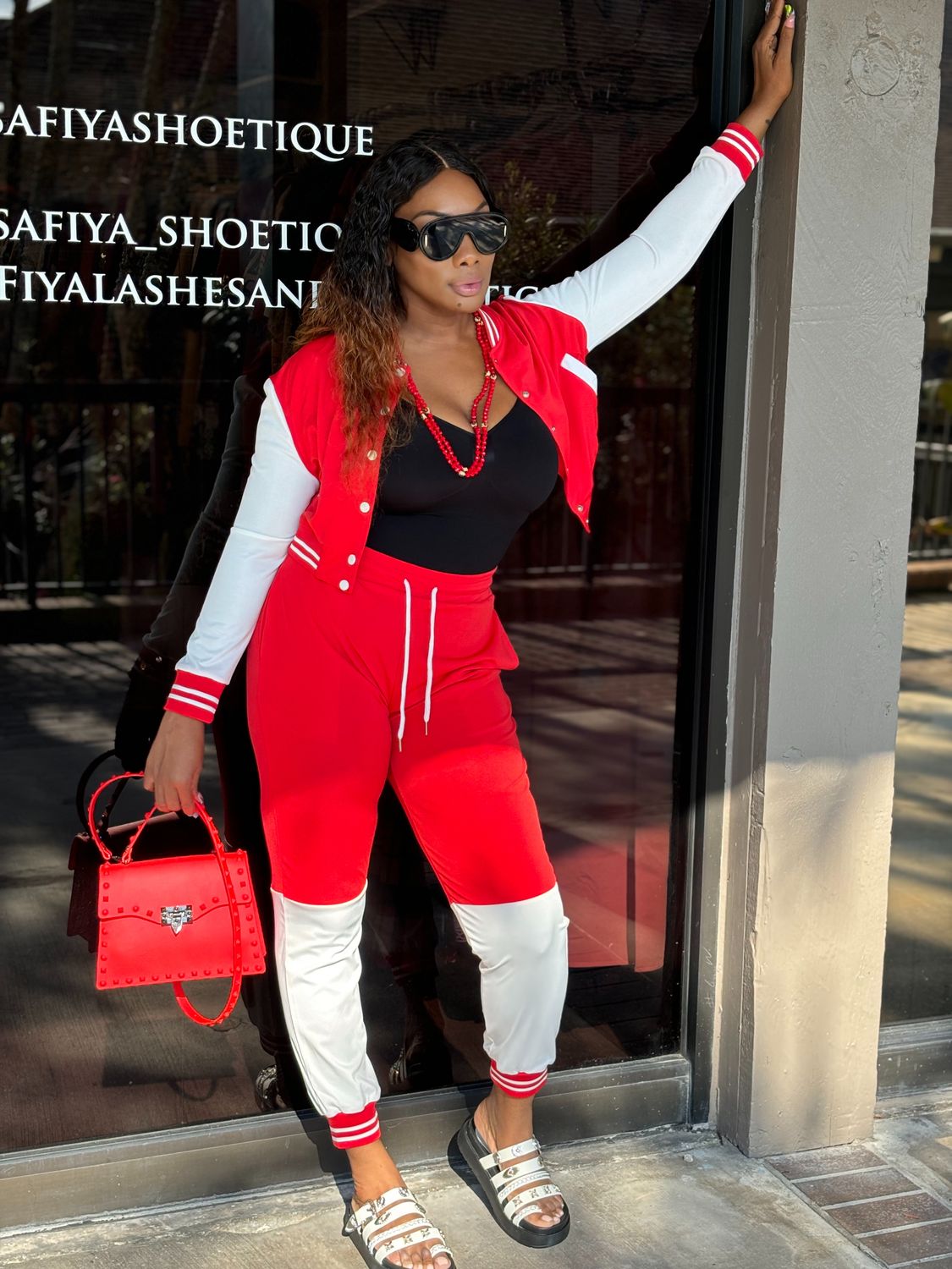 STRIPED TRIM BOMBER JACKET PANTS set