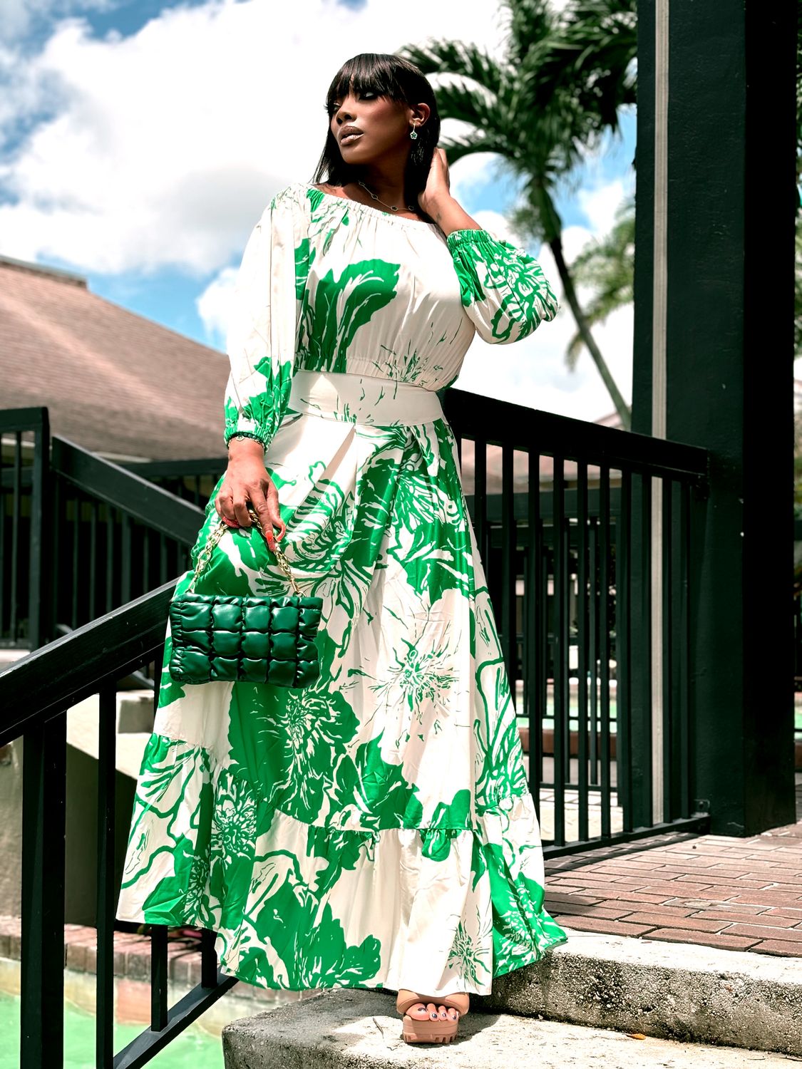 JASMINE OFF SHOULDER TOP AND MAXI SKIRT SET-green