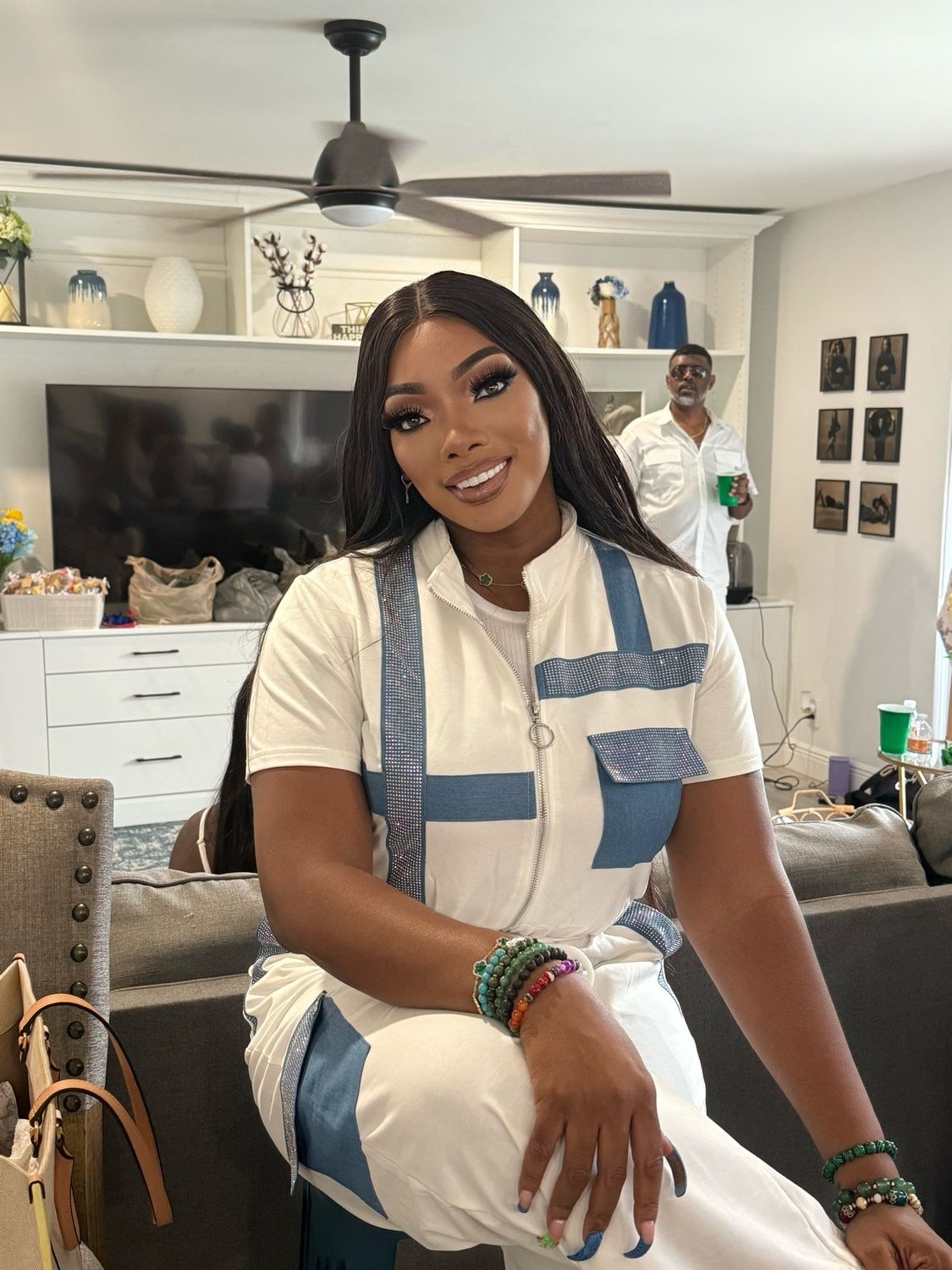 &quot;Tasha&quot; White And Denim Jogger Set