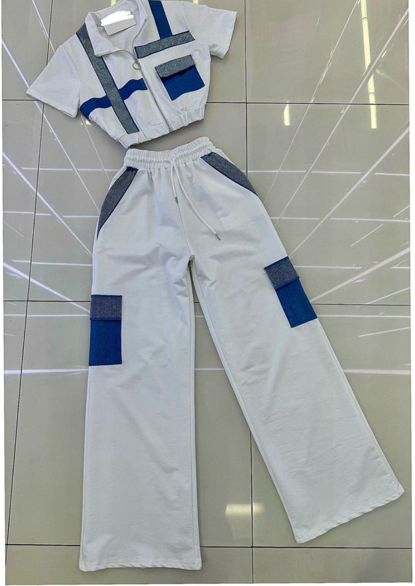 &quot;Tasha&quot; White And Denim Jogger Set