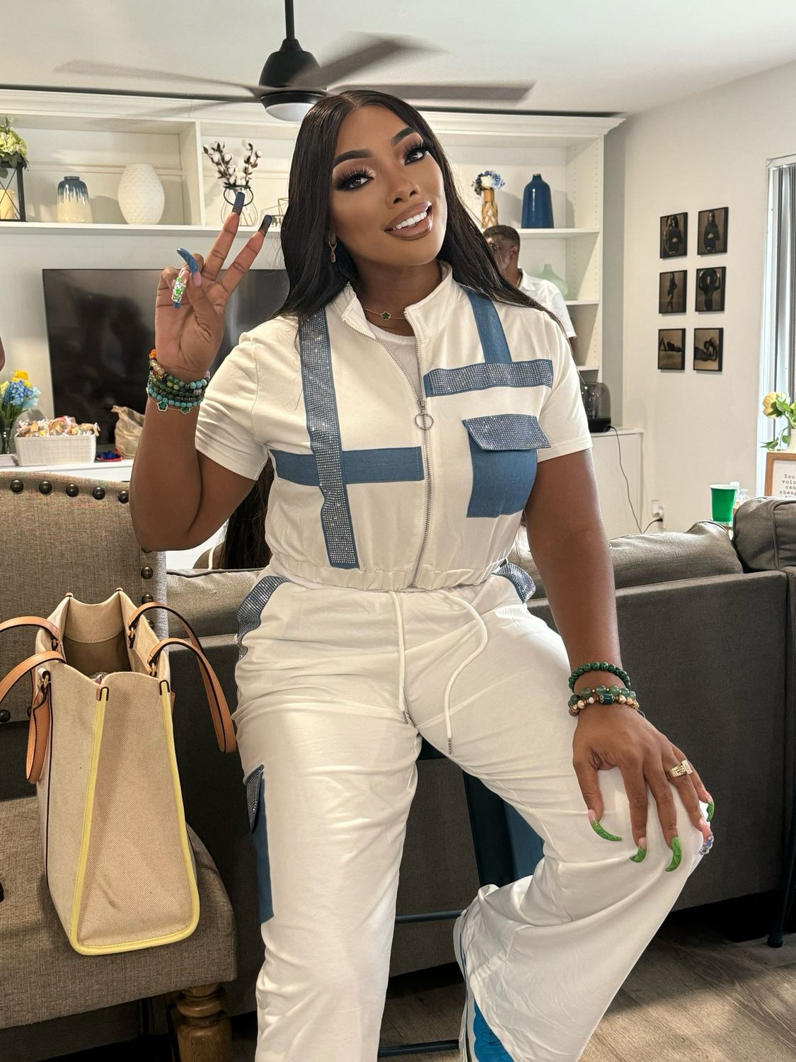 &quot;Tasha&quot; White And Denim Jogger Set