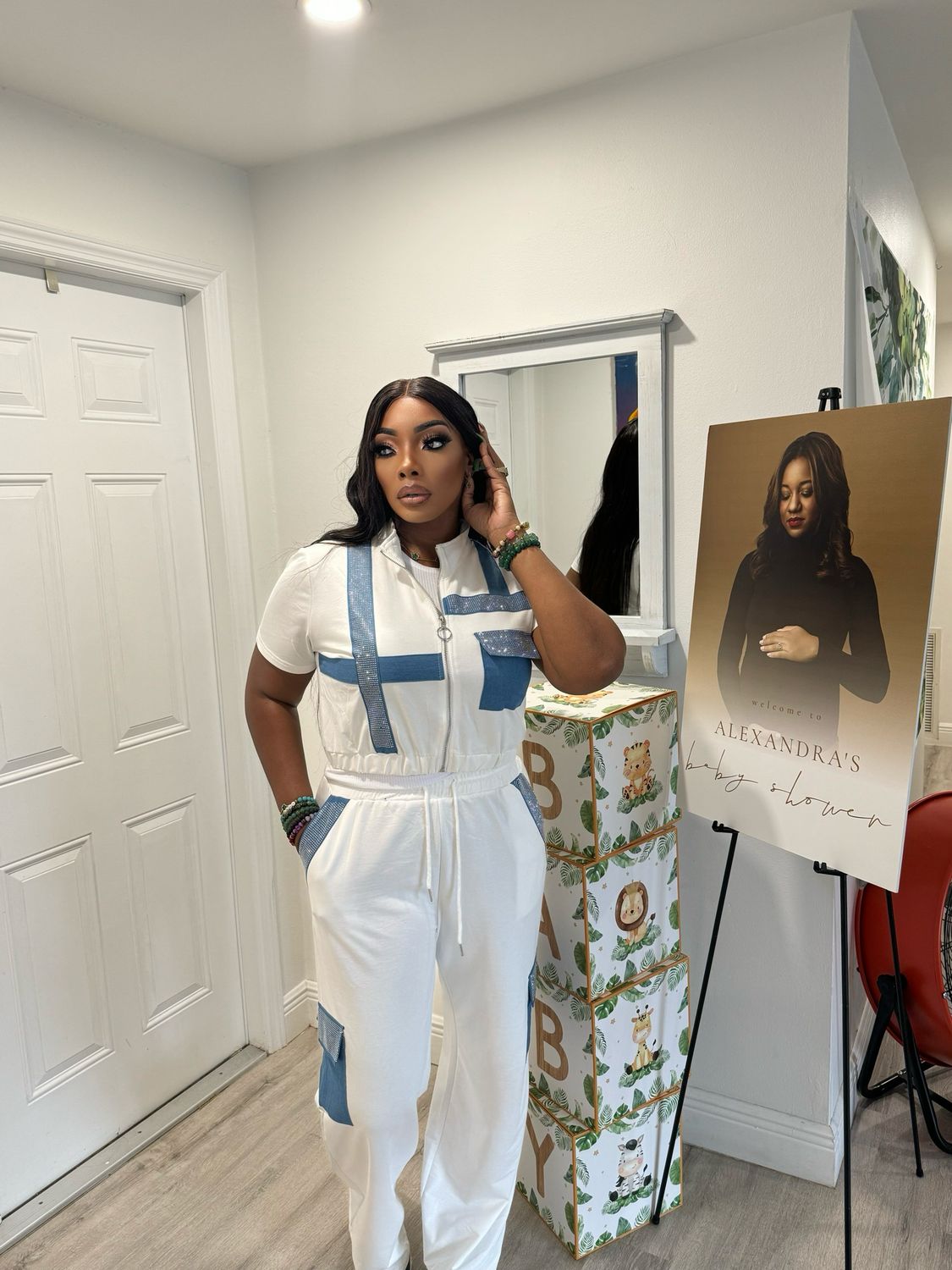 &quot;Tasha&quot; White And Denim Jogger Set